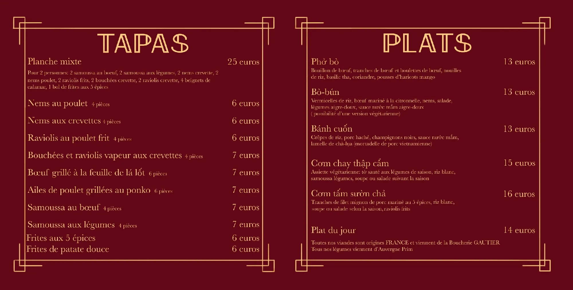 Carte du restaurant