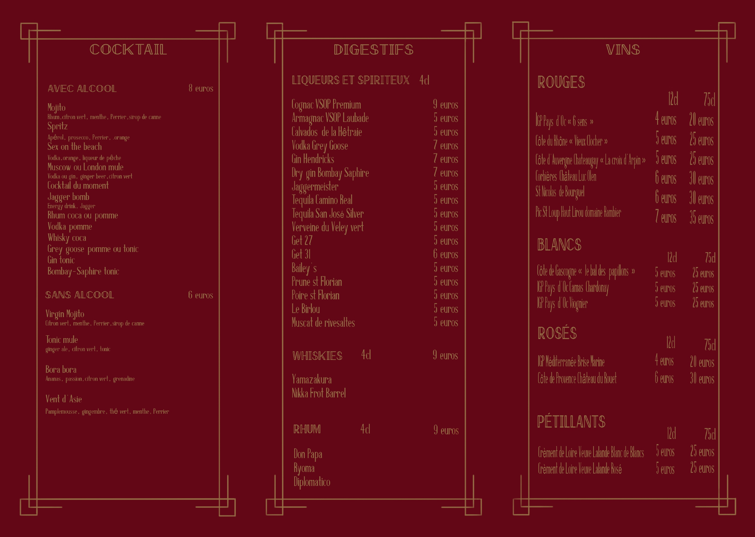 Carte des boissons